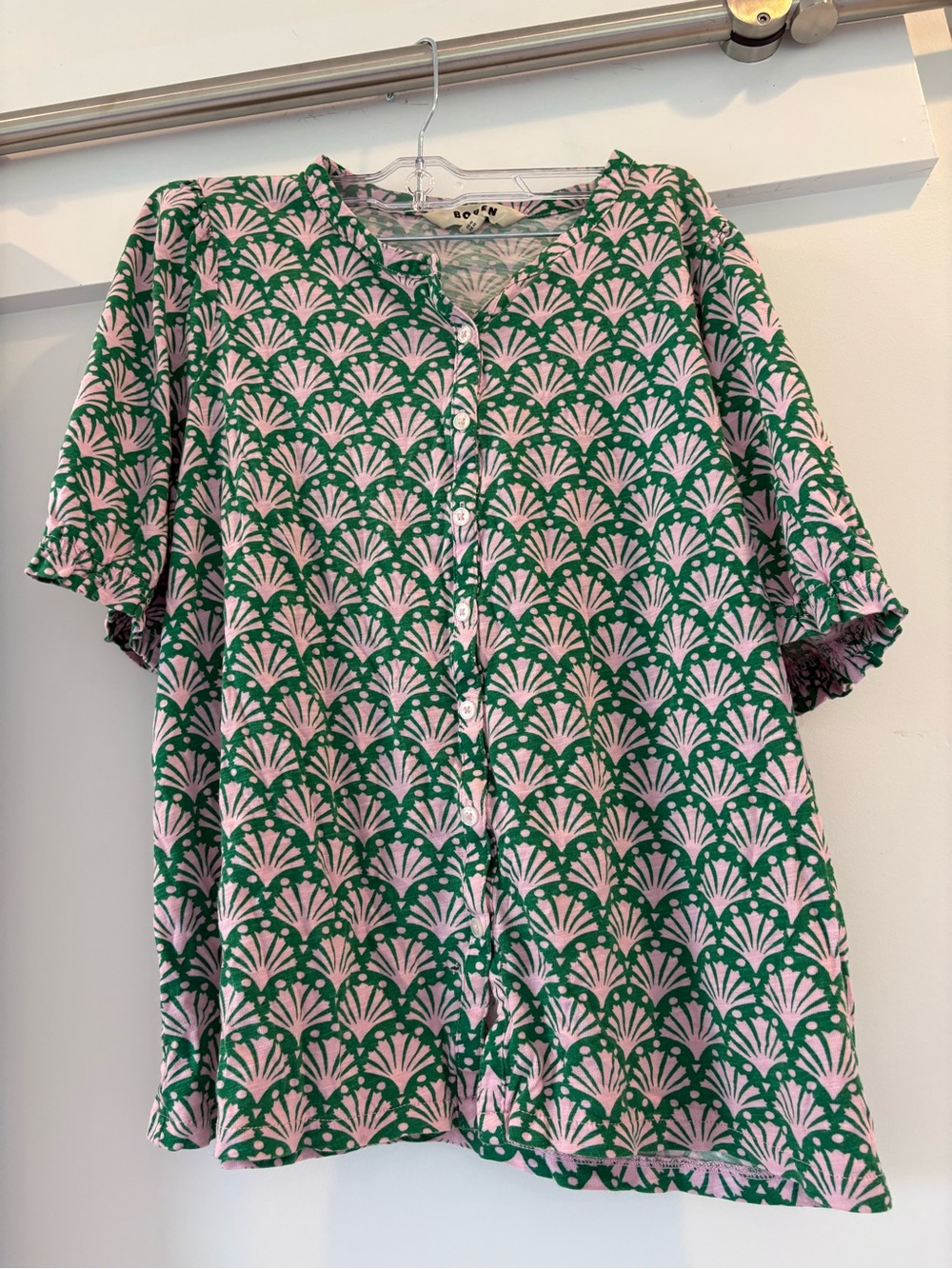 Boden Pink and Green Fan-Print Button-Up Shirt